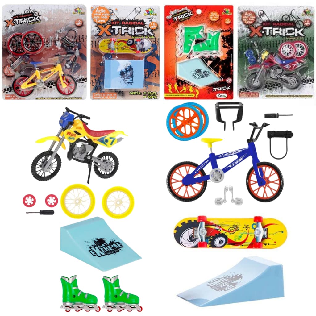 Kit com 4 brinquedos Esportes Radicais(Skate de dedo com rampa + patins de dedo com rampa + Bicicleta e moto de dedo)