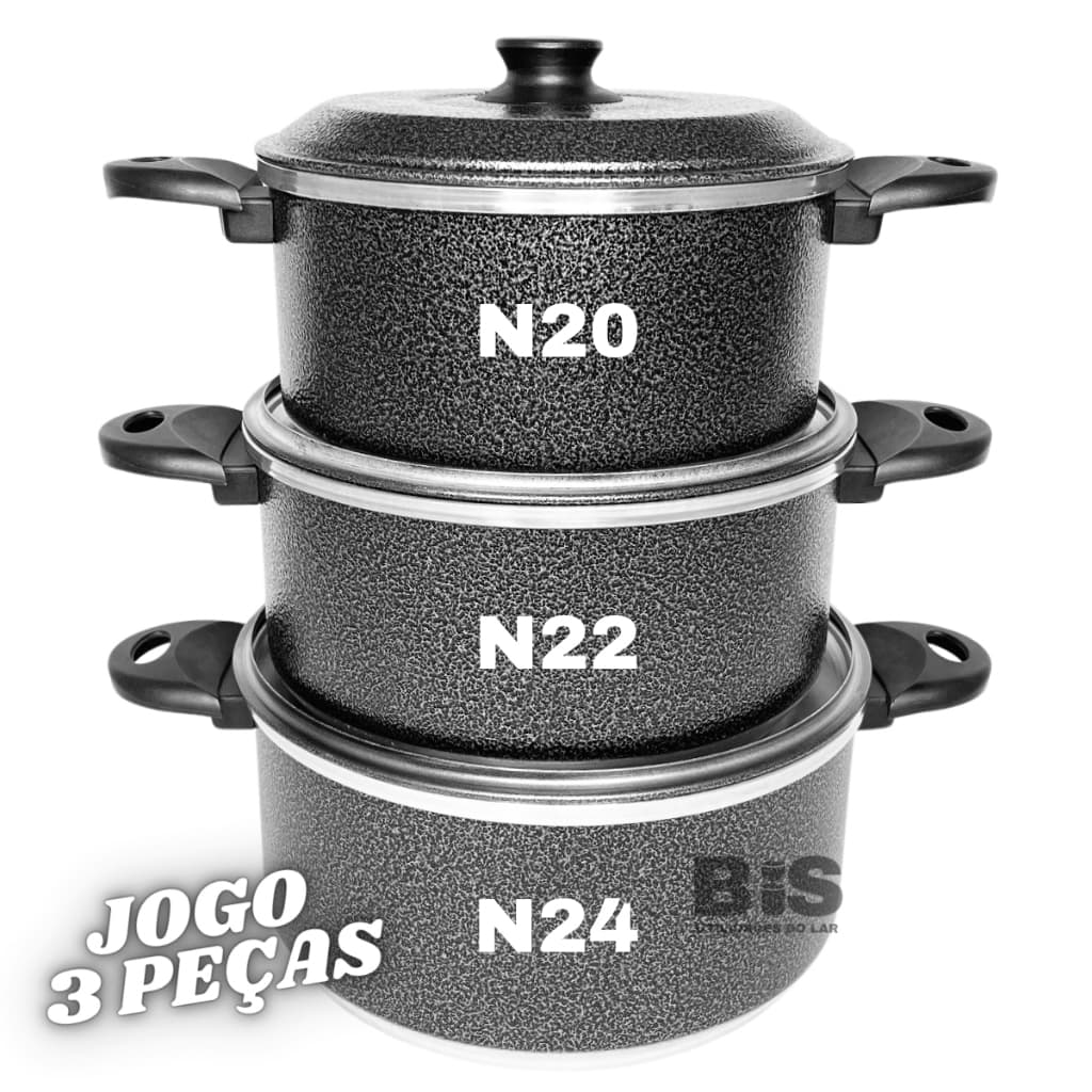 Jogo de Panela 3 Peças Kit Conjunto Caçarola N20-22-24 Preta Craqueada