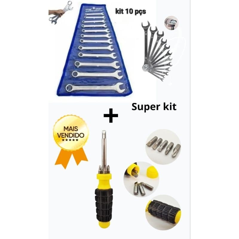 Jogo Kit de Chaves Combinadas Boca Estrela e Fixa Resistente 10+Chave de Fenda Philips Bits