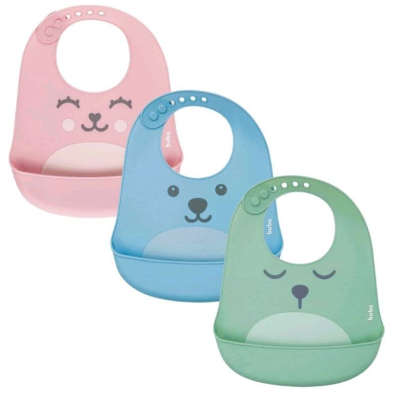 Babador De Silicone Com Pega Migalhas Gumy Impermeável Bebe Buba Rosa Verde Azul