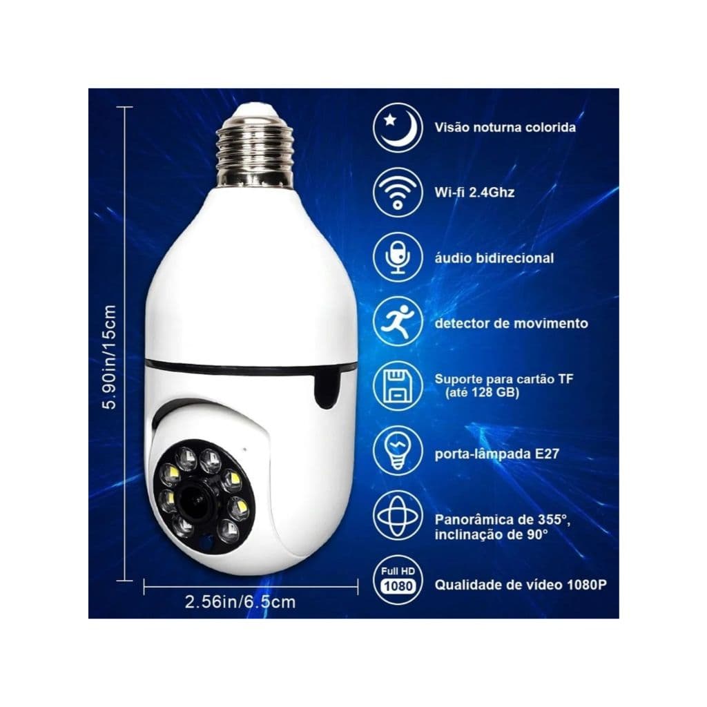Câmera Segurança Lâmpada 360 Wifi Ip Full Hd 1080p Sem Fio Noturna Colorida Jortan JT-8177 Detecção Movimento Rosca Boca