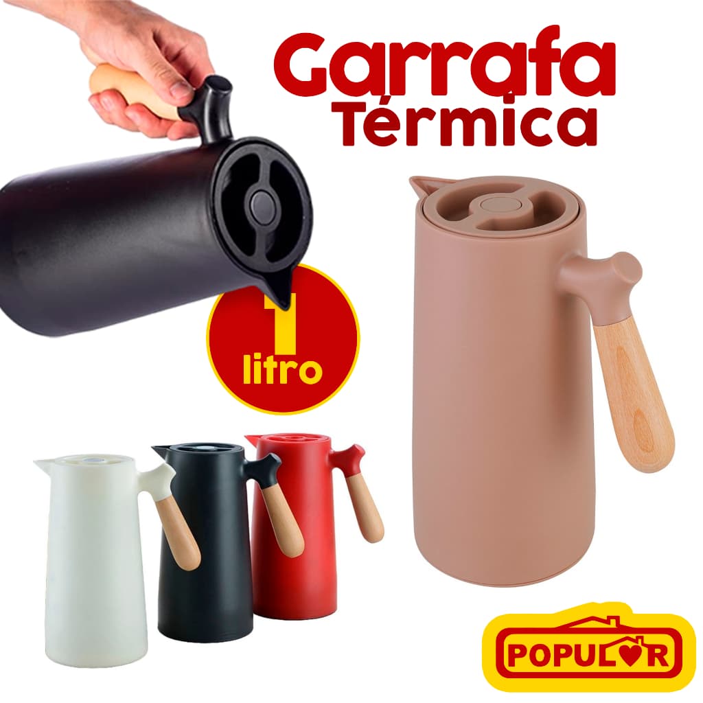 Garrafa Térmica Para Café Chá Água 1 Litro Cabo de Madeira