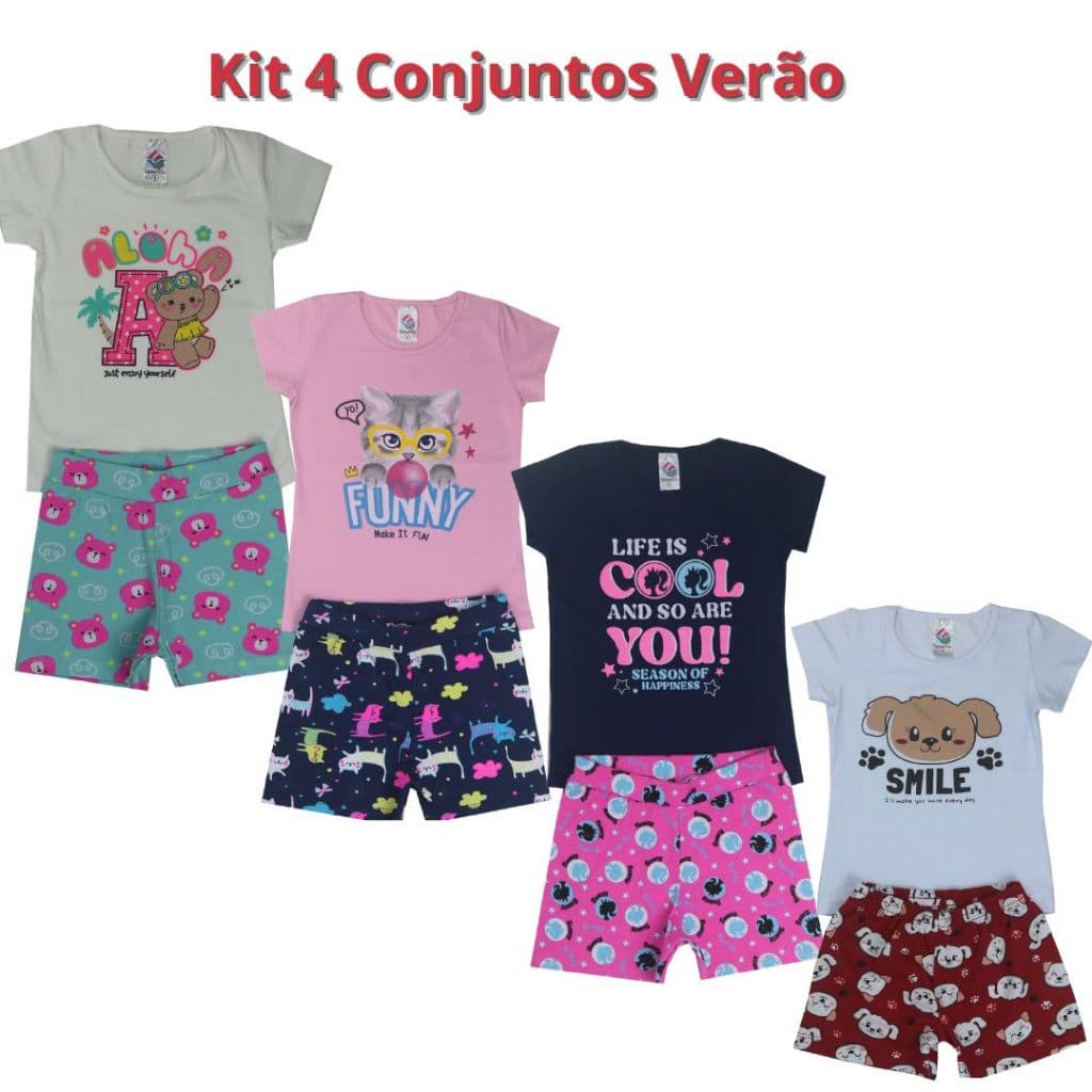 Kit 8 PEÇAS Verão Menina Infantil e Juvenil 4 Blusa + 4 Shorts 1 ao 16
