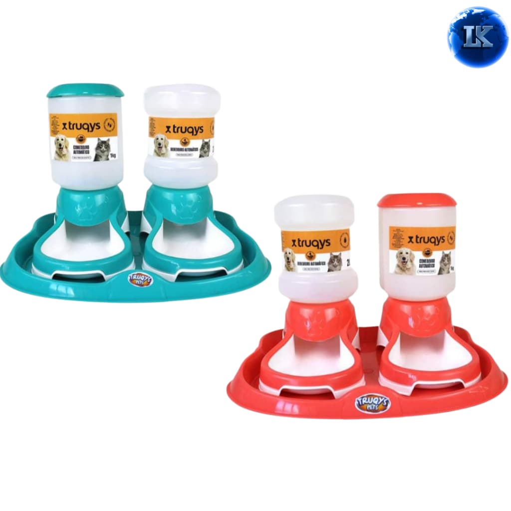 Kit Comedouro e bebedouro automático na bandeja 3 peças Cães e gatos Pet Injet design Truqys Pet