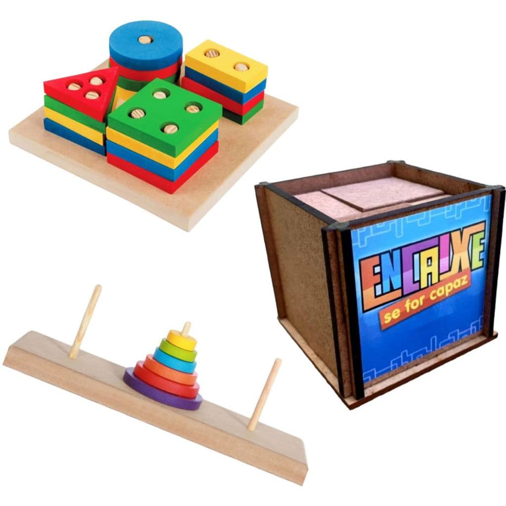 Kit 3x Brinquedos Torre de Hanói + Encaixe Se For Capaz + Encaixe de Formas Geométricas Montessori Infantil