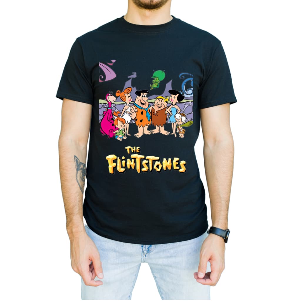CAMISA PRETA OS FLINTSTONES BARNEY BAMBAM PEDRITA FRED DINO FAMILIA PEDRA CAMISETA 100% ALGODÃO