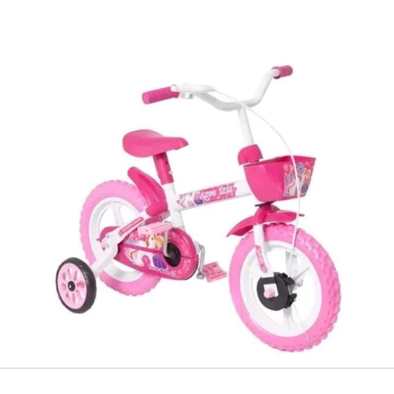 Bicicleta Infantil Aro 12 Track & Bikes - Arco Iris W Branco e Fúcsia com Rodinhas e Cesta