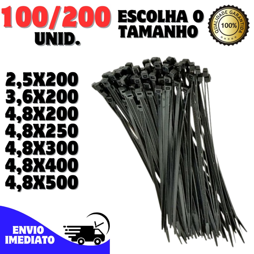 Kit 100/200 fita Cintas Plasticas Abracadeira Nylon Enforca Gato hellerman - Várias Medidas