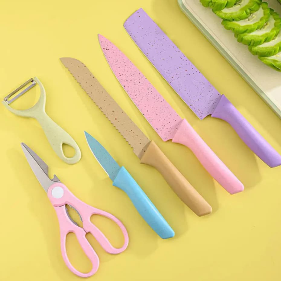 Kit Jogo de Facas de Cozinha 6 Peças Aço Inox Antiaderente com Tesoura e Descascador