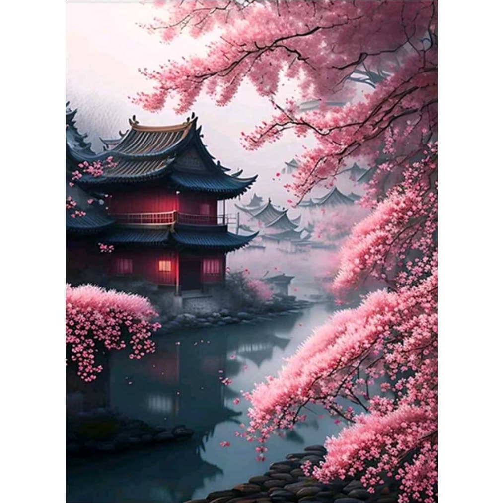 Kit De Pintura Diamante 5d Japão Casa Mika Cerejeiras 30x40cm Diy