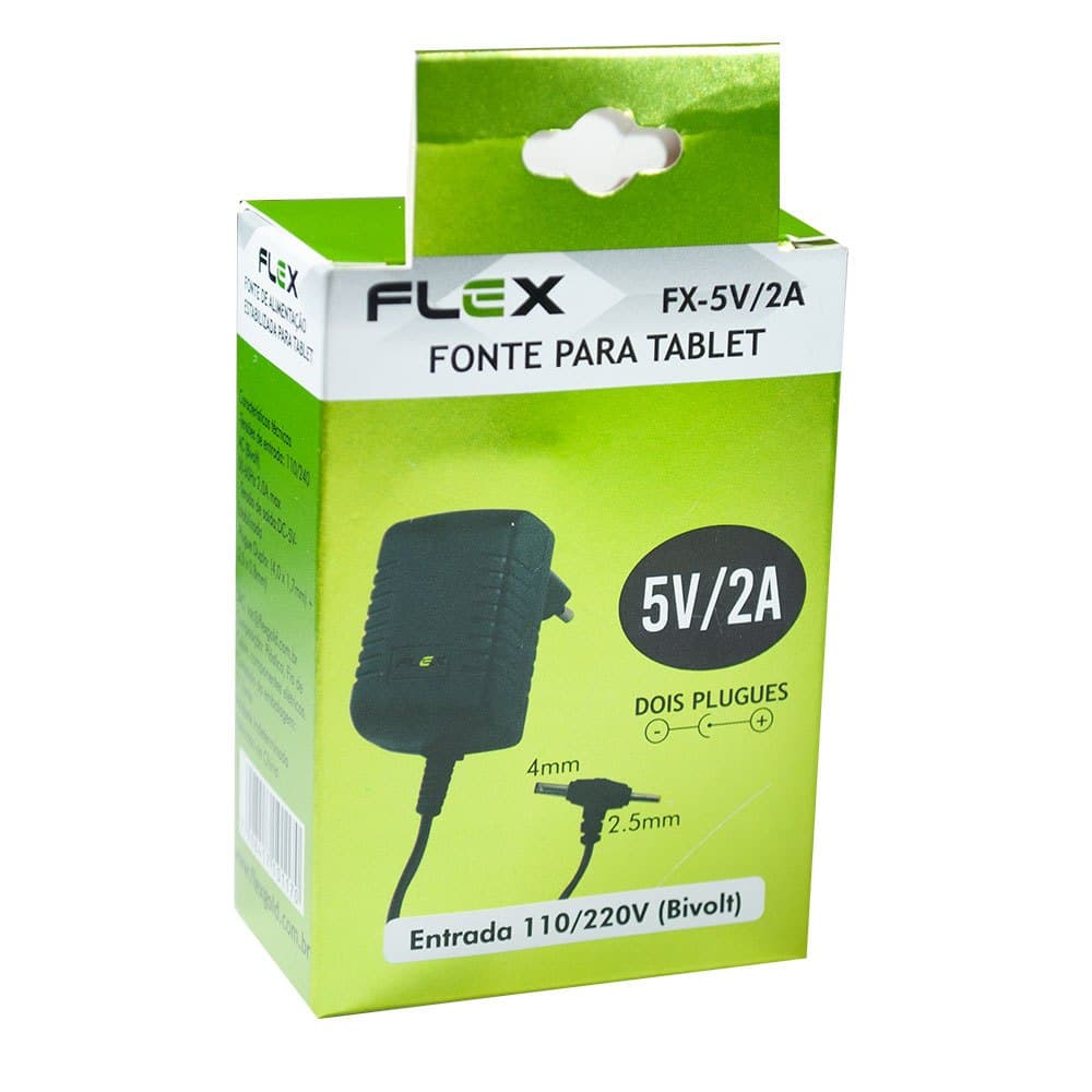 Carregador Fonte Para Tablet De 9V 2A Com Dois Plugues De 4mm E 2.5mm Ponta Fina Bivolt Fonte De Alimentação FX-5V-2A Tensões de entrada- 110/240AC (Bivolt)