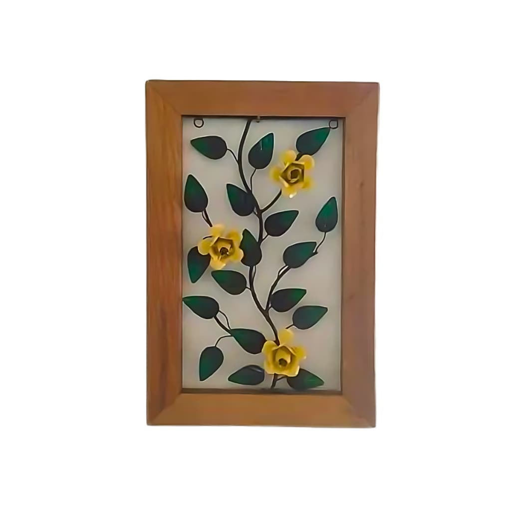 Quadro De Parede Artesanal De Madeira E Ferro Com Flores Rústico 60x40