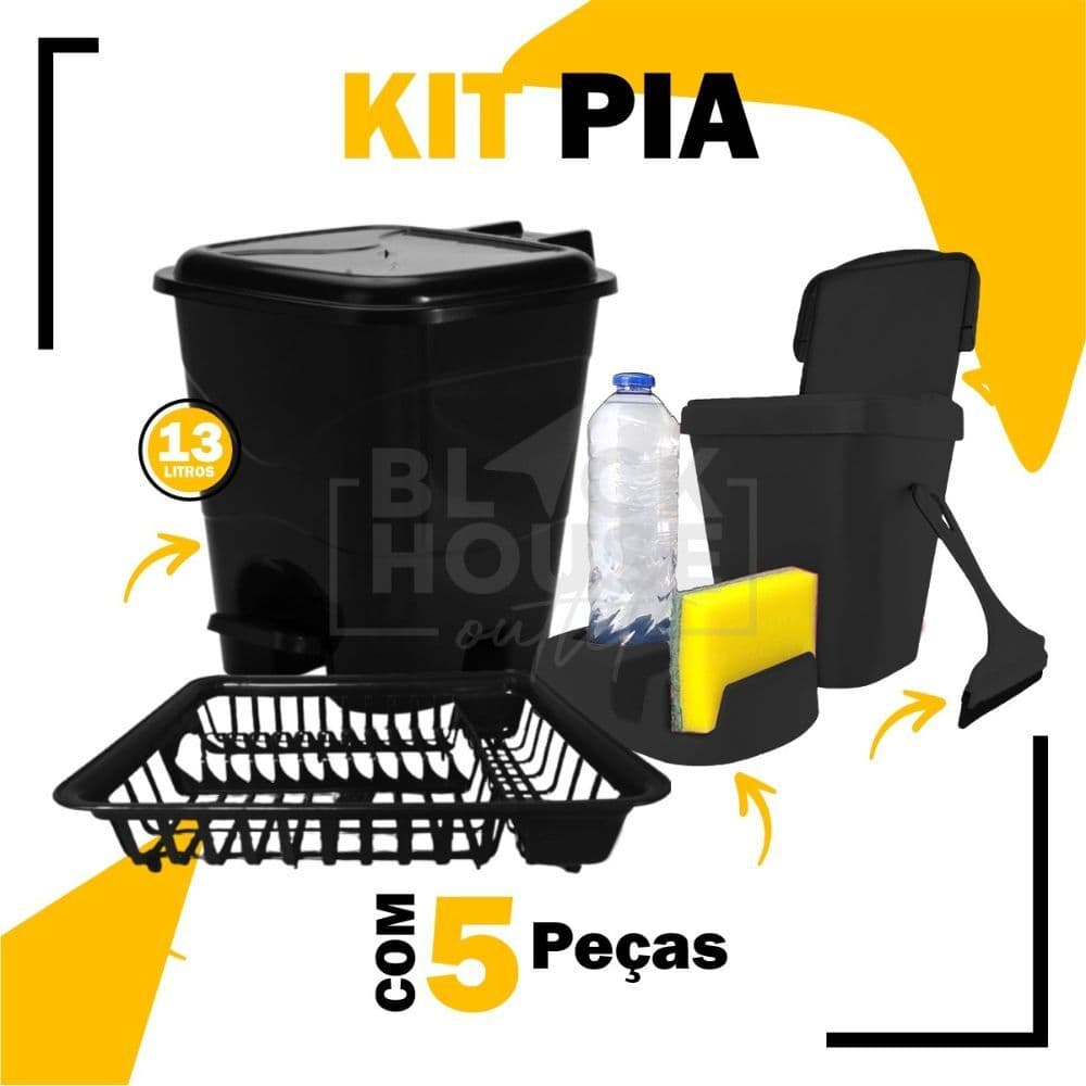 Kit Cozinha Lixeira Pia/Porta Detergente/Rodo/Escorredor Louça/Lixeira 13 Litros Area Gourmet