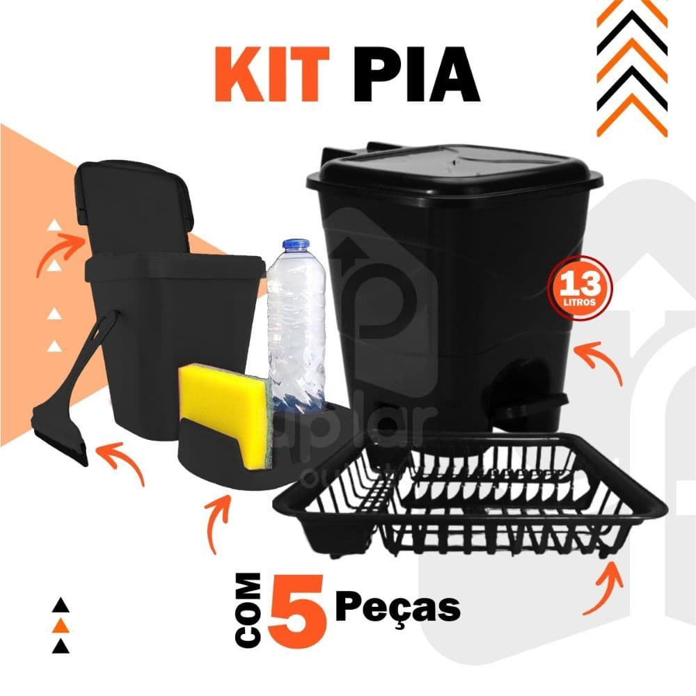 Kit Cozinha Lixeira Pia/Porta Detergente/Rodo/Escorredor Louça/Lixeira 13 Litros Area Gourmet