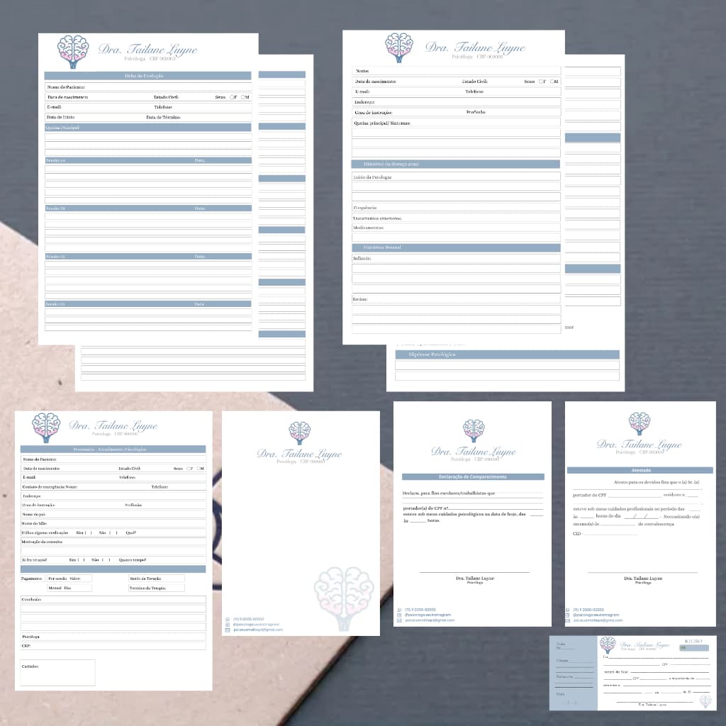 Kit Clínica Psicológica - papelaria completa - prontuário, receituário, anamnese, ficha de evolução, atestado, declaração de comparecimento e recibo