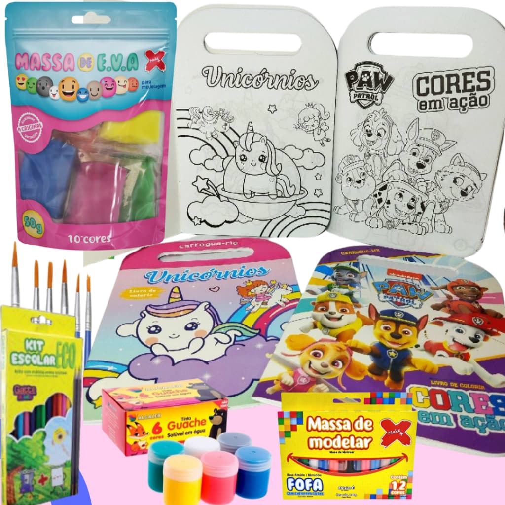 Kit Artístico - Massa de EVA + Pincéis + Tinta + Massa de Modelar + Lápis de Cor + Desenhos colorir