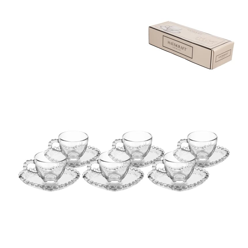 Jogo Xícaras De Café 6 Peças Pires Coração Bolinha Pearl Pérola Vidro 85ml Hauskraft