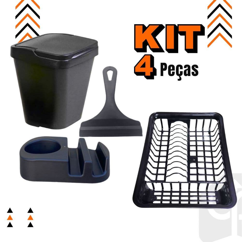 Kit Cozinha PRETO Porta Detergente / Rodo de Pia / Lixeira + Escorredor de Louça Area Gourmet