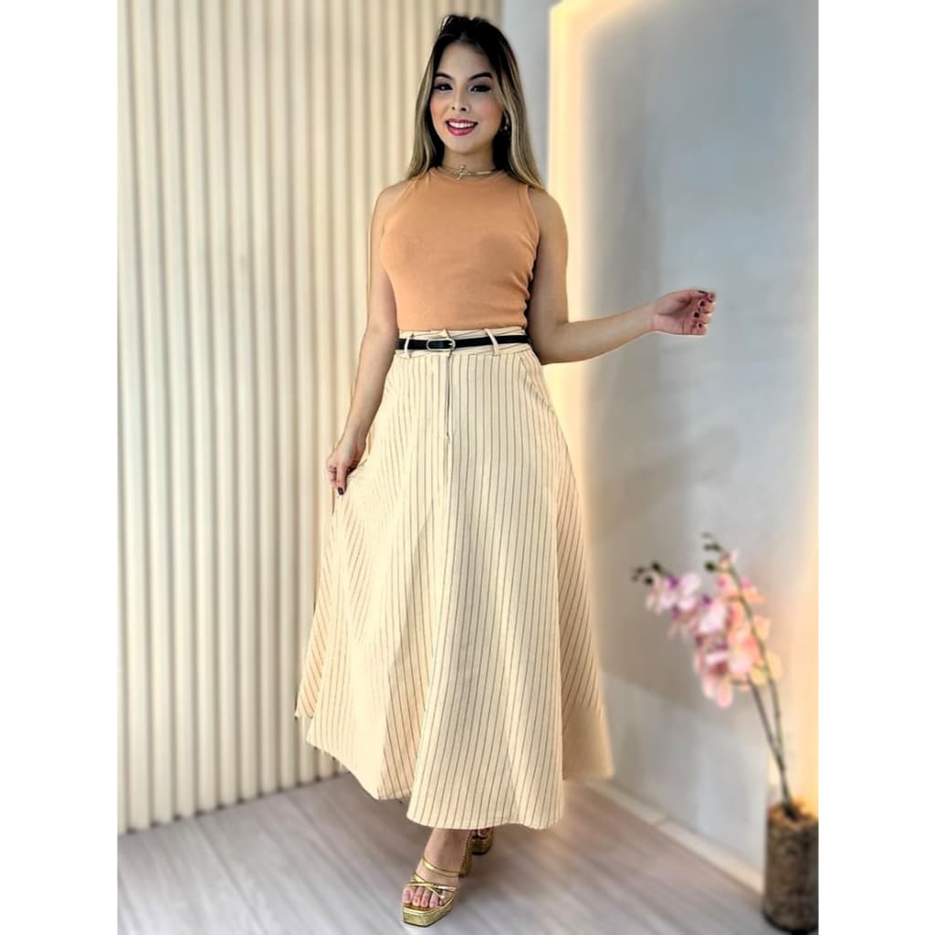 SAIA MARISA  ESTILO PRINCESA ALFAIATARIA  LISTRADA PRIMERA LINEA ACABAMENTO QUALIDADE  CON CINTO Roupas Femininas