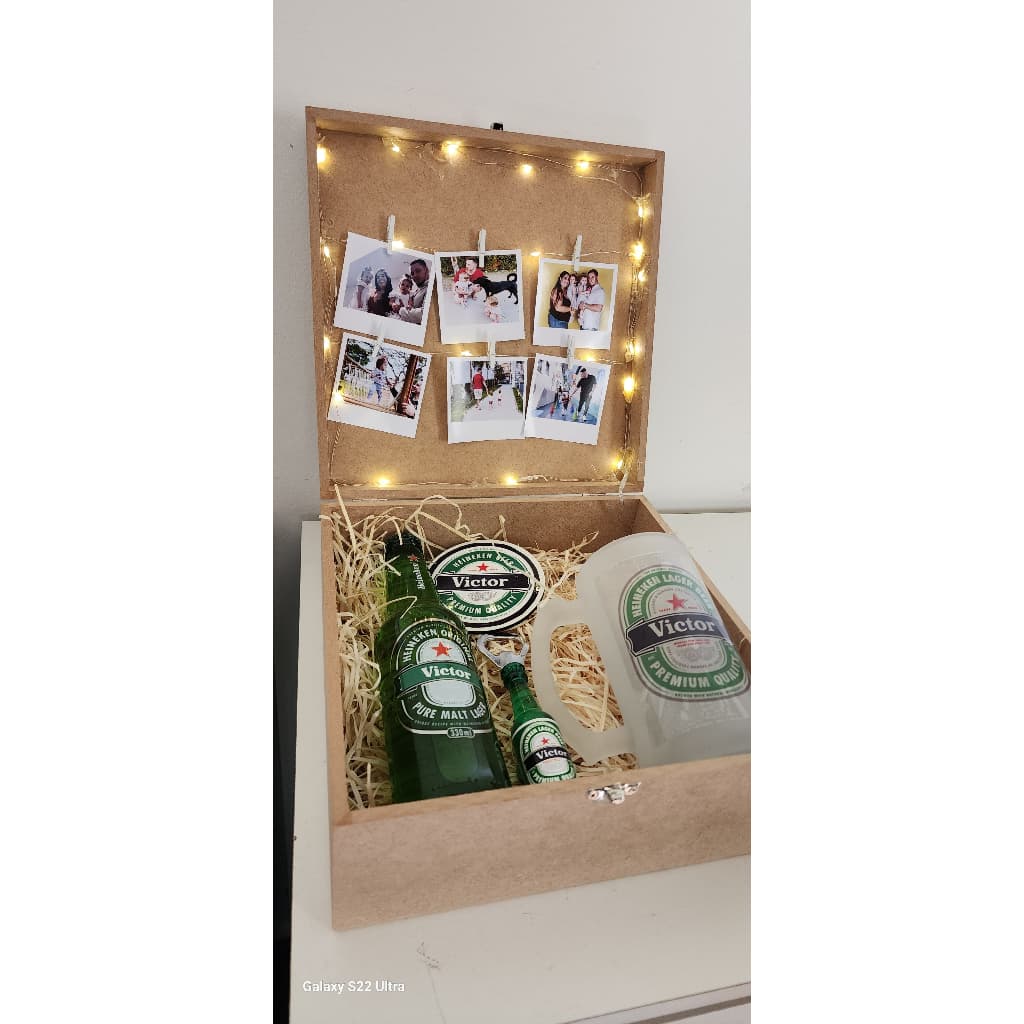 Caixa Dia dos Pais Com Long Neck Caneca de Chopp Abridor Ímã Porta copo Luzes Polaroids