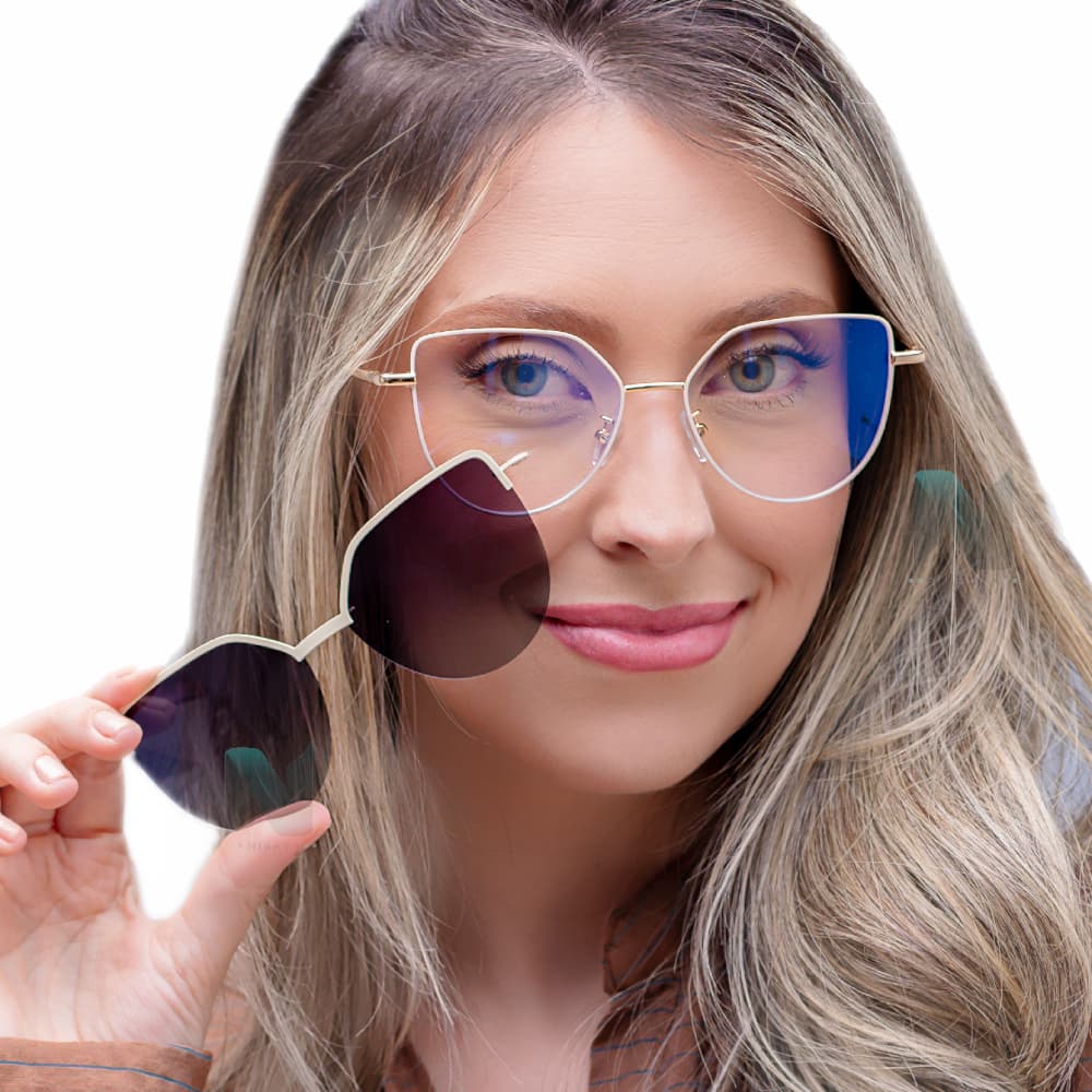 Armação e Óculos Solar Feminino Clip-On 2 em 1 – Para Grau, Proteção UV e Lente Polarizada Elegante