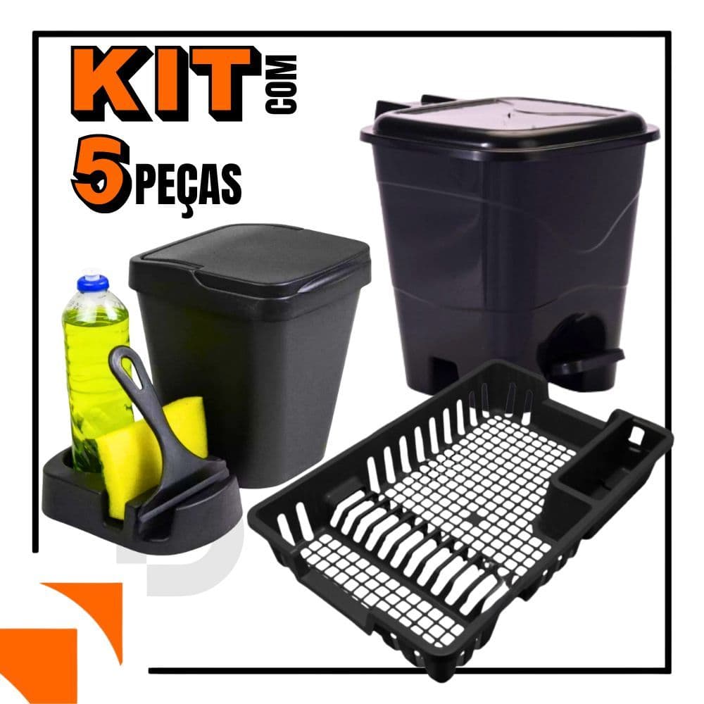 Kit Cozinha Lixeira Pia/Porta Detergente/Rodo/Escorredor Louça/Lixeira 13 Litros Area Gourmet