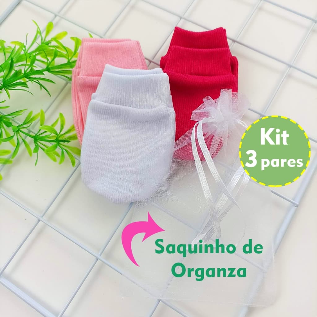 3 Pares de Luvinhas Recém Nascido RN Linda Luva Bebê com Embalagem Organza
