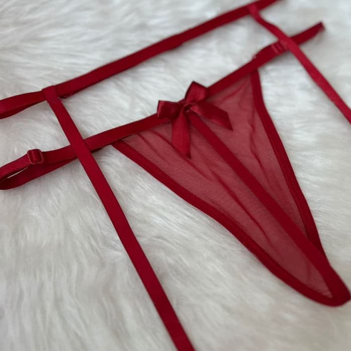 Conjunto Feminino Kit Calcinha Fio Dental de Tule Transparente Com Laço + Cinta Liga