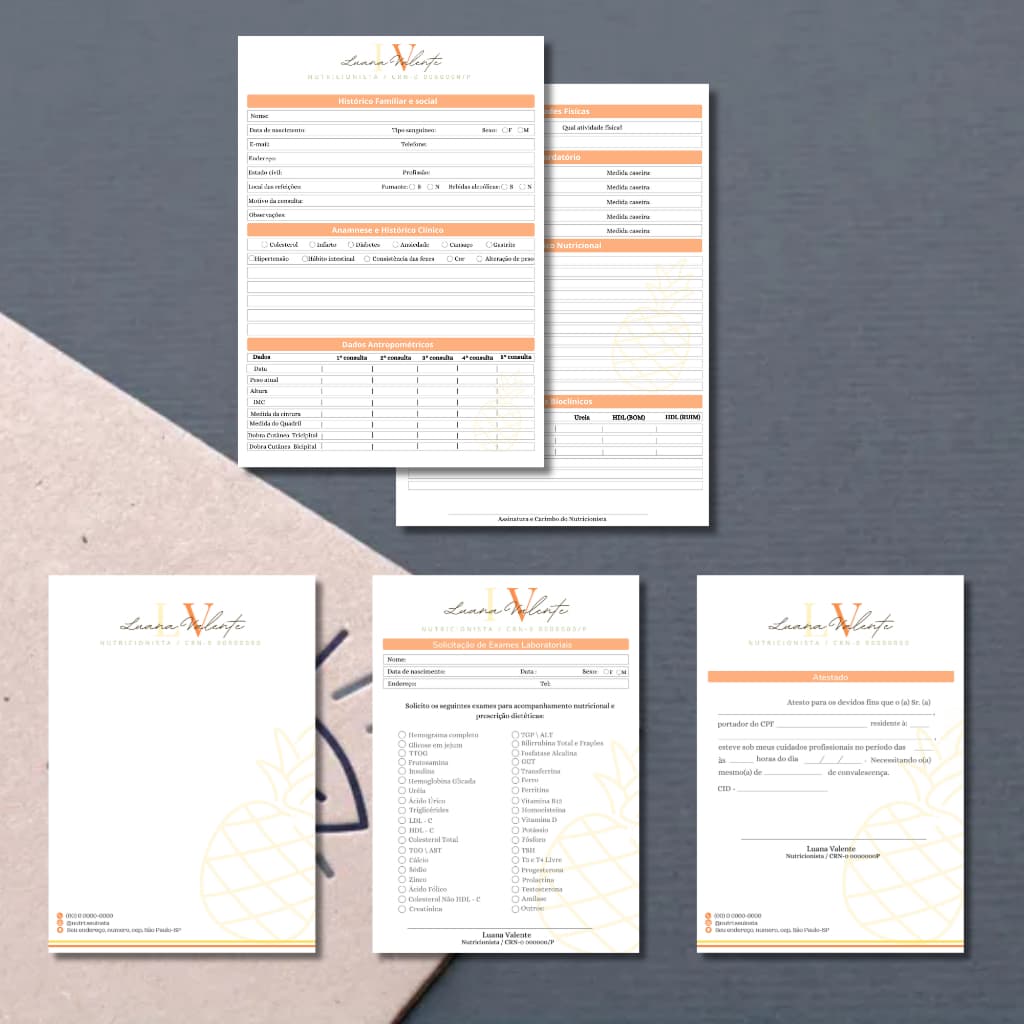 Kit nutricionista - anamnese + atestado + solicitação de exames + receituario
