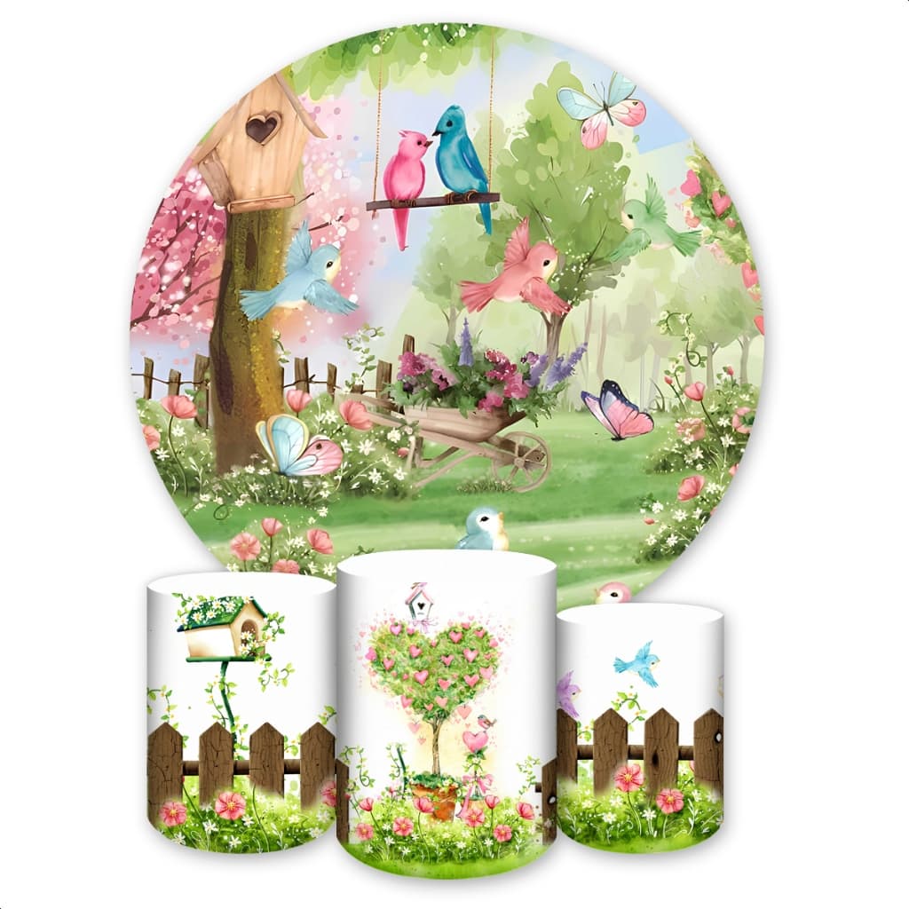 Kit Capa de Painel Redondo + Trio Capas de Cilindro Sublimados Tema Jardim