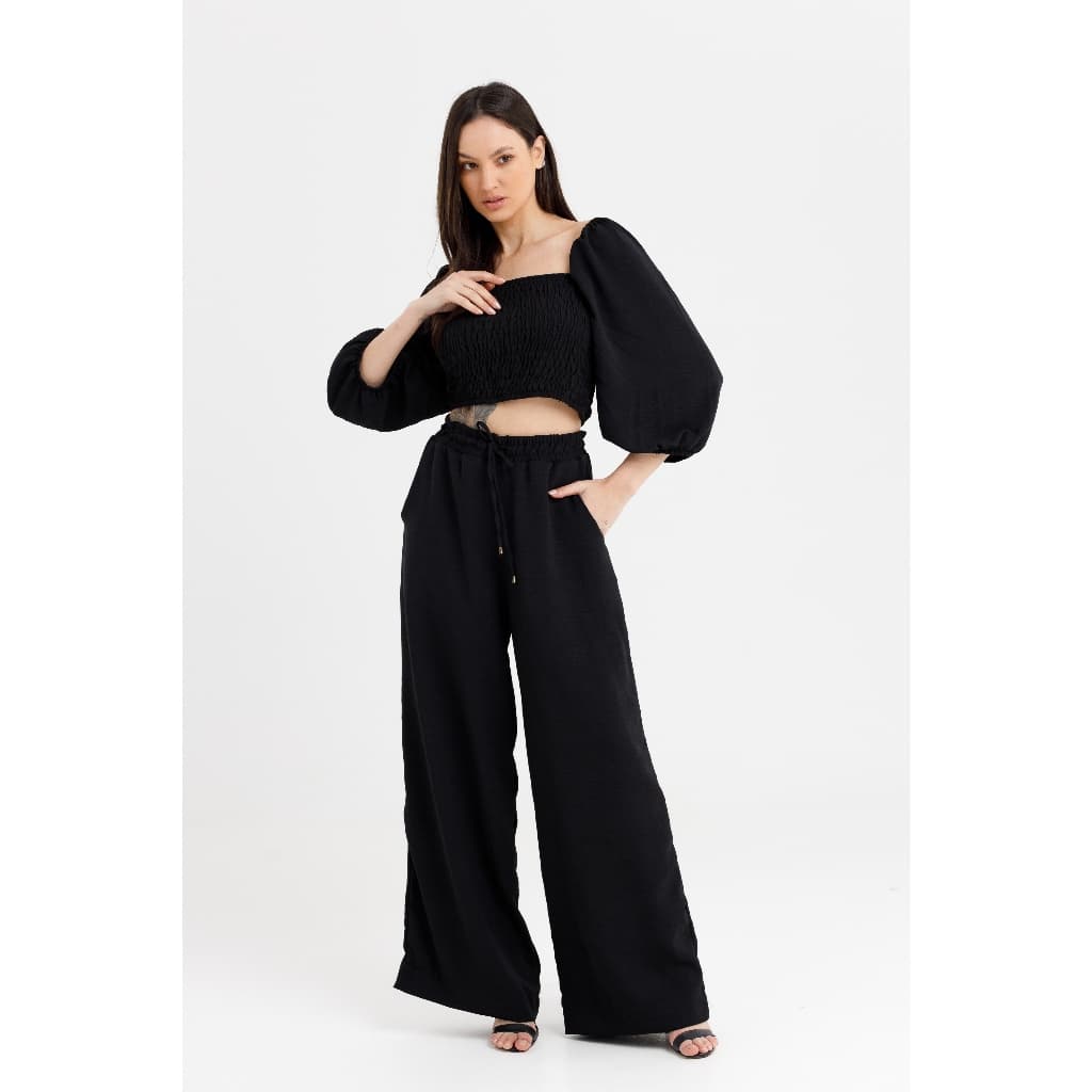Conjunto Cropped Cigana E Calça Pantalona Crepe Air-flow