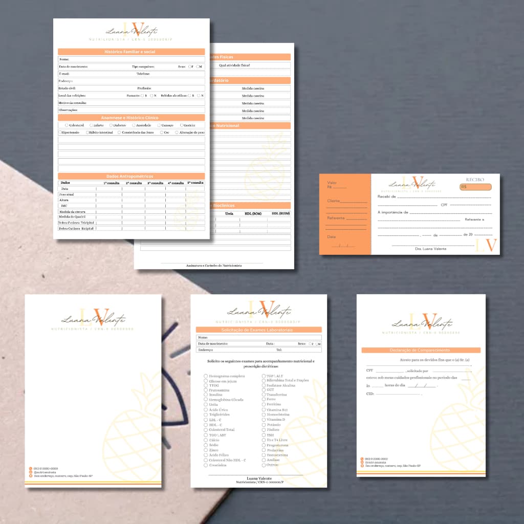 Kit completo nutricionista - anamneses + solicitação de exames + avaliação antropometrica + declaração de comparecimento + receituário + recibo