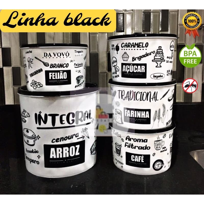 Jogo de mantimento plástico 05 peças decorado preto e colorido