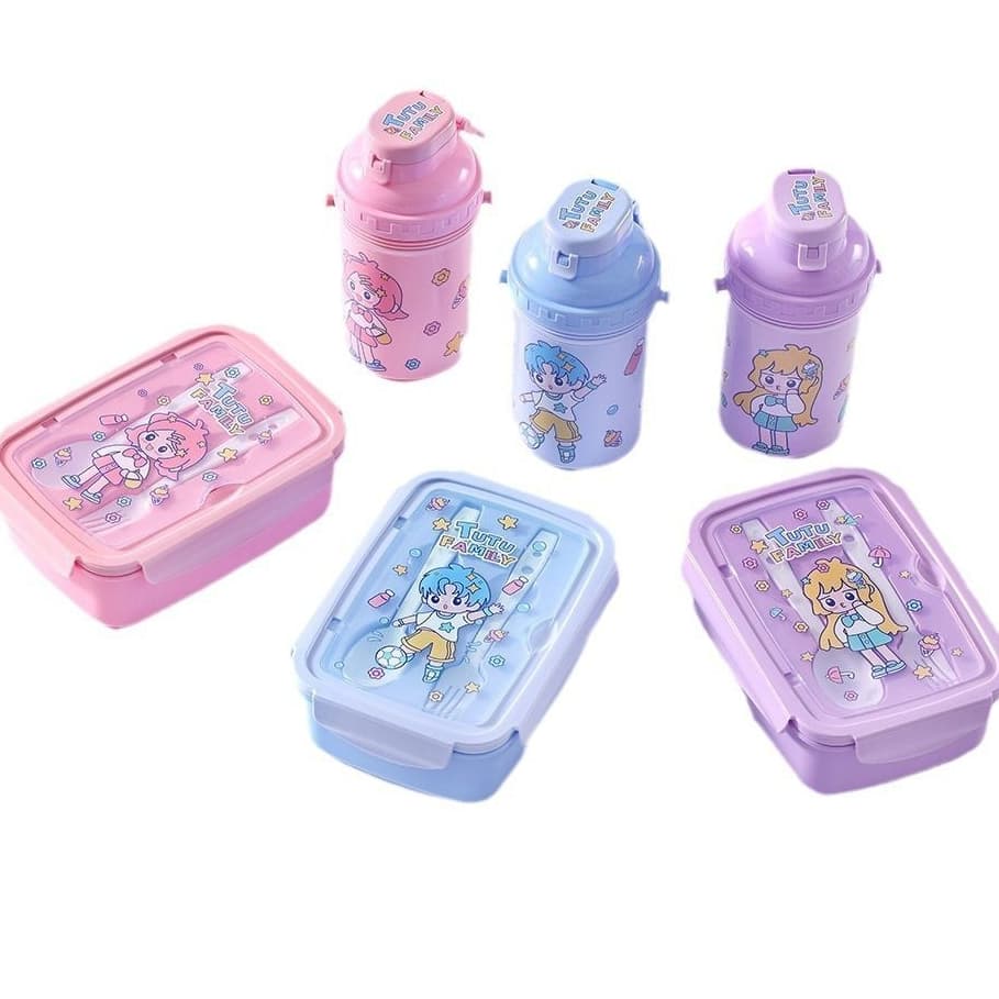 Kit Marmita Infantil Tutu Family + Garrafinha Canudo De Silicone E 2 Talheres