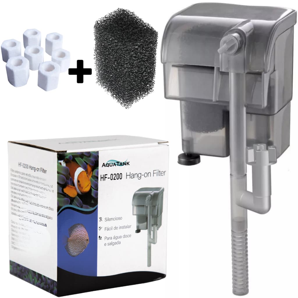 Kit HF-200 Xp-06 Filtro Externo hang-on 250l/h p/ aquários até 40L com Midia e Refil / Esponja
