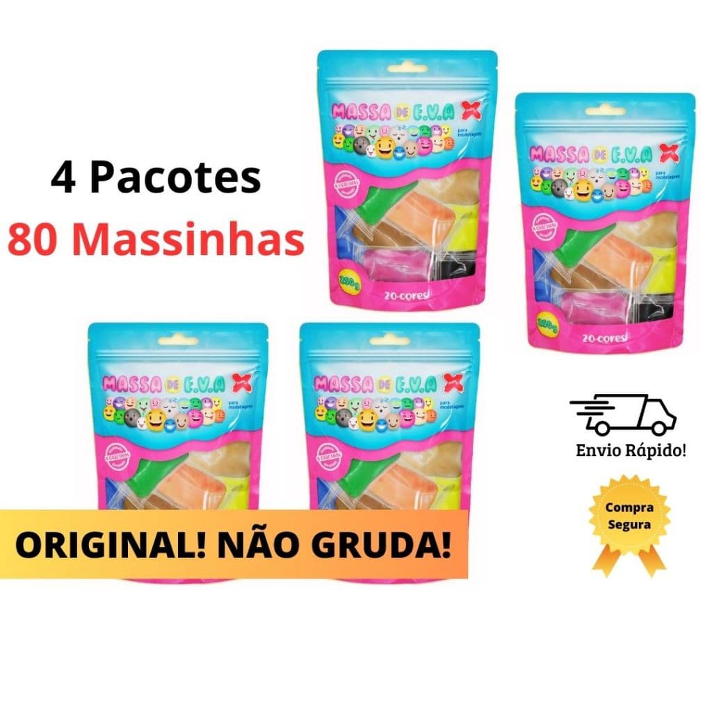 4 pacotes de Massinha de EVA Modelar Massa com 20 pacotinhos cada de Cores Sortidas para brincar ou artesanato, Make+, Multicor - Não Tóxica - Escolar / Diversão / Criatividade