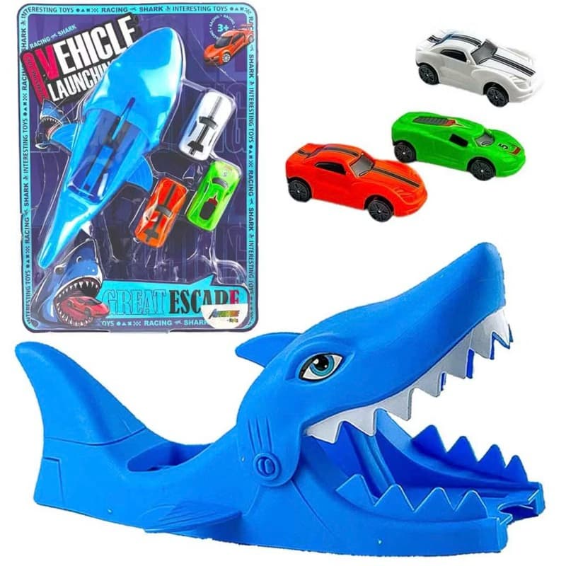 Tubarão Lançador de Carrinhos com 3 Carrinhos Tubarão Roda livre, Kit Lançador Tubarão, Brinquedo de Criança