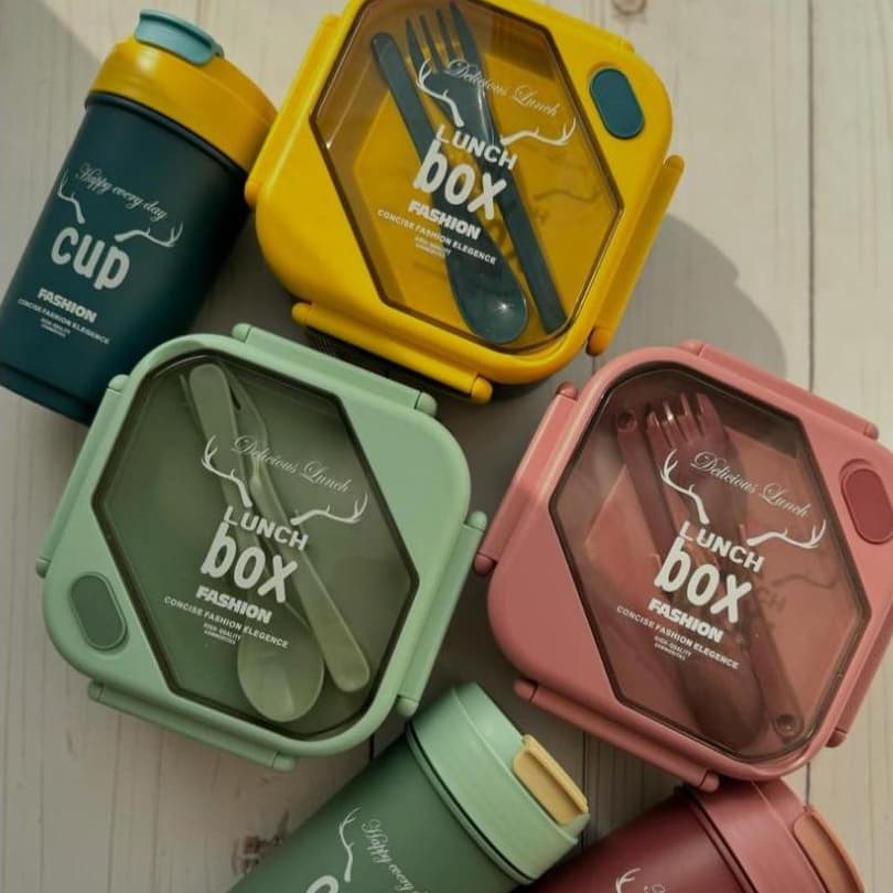 Kit Marmita C/ Garrafa Copo Lunch Box Fashion Tampa Transparente + Talheres ( Garfo e Colher)