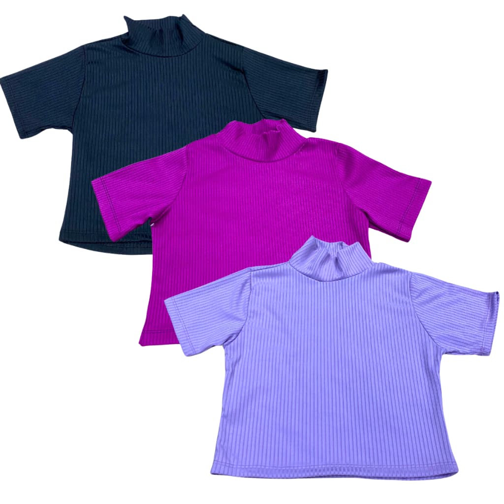 KIT 3 Cropped Gola Alta Canelado Manga Curta Blusa Blusinha Roupa Feminina