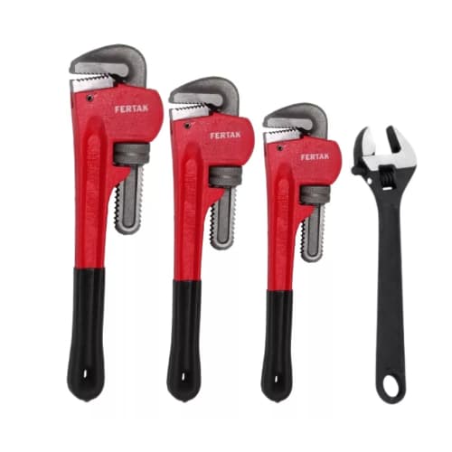 Kit Jogo 4 Peças Chave Grifo Cano Tubo - 12 14 18 e  Chave Ajustavel 10 - Fertak - Uso Profissional.