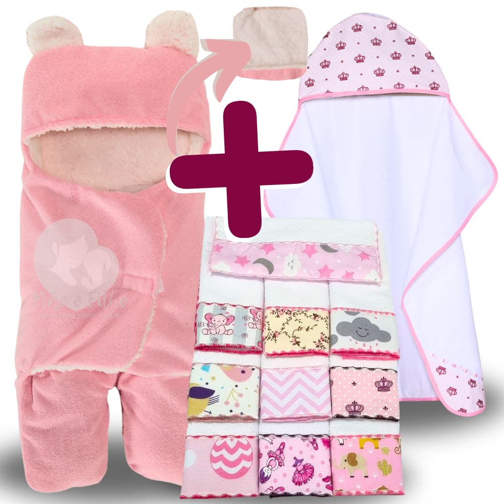 Kit Toalha Banho Bebe + Saco de Dormir com Orelhas + 6 Toalhas de Ombro Felpuda Atoalhada