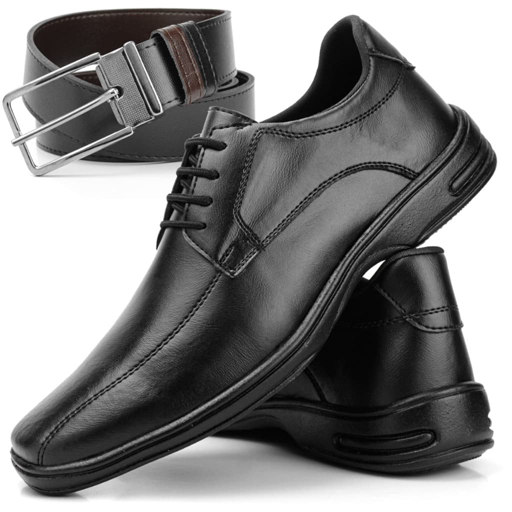 Kit Sapato Social Masculino Anti Stress Oxford Ortopedico Confortavel Com Cadarço + Cinto Social Sintético