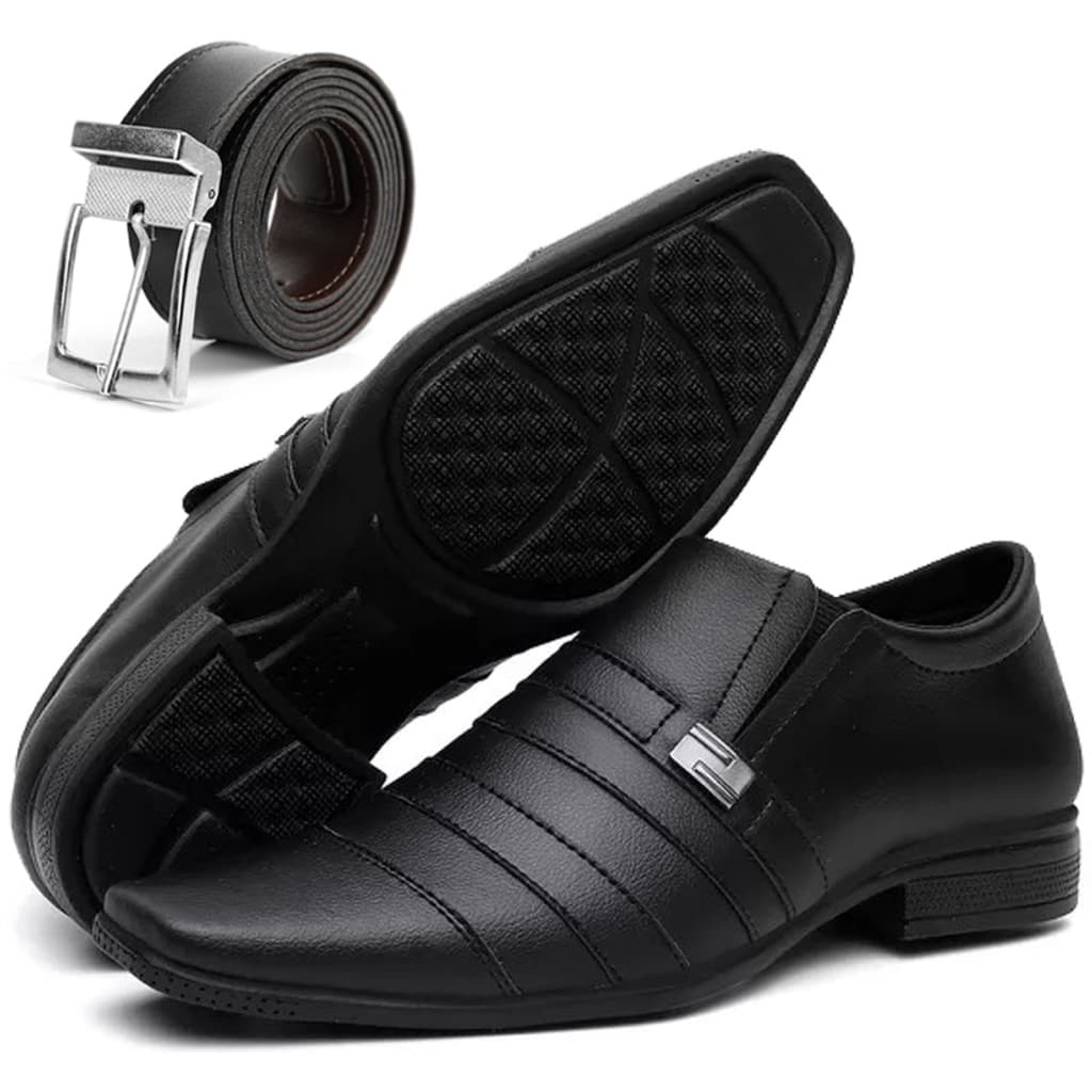 Kit Sapato Social Masculino Confortavel Elegante Oxford Liso Preto + Cinto Slim Social Promoção