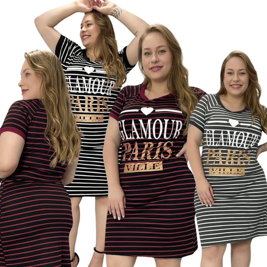 Vestido Plus SIZE Listrado Glamour Camisão Conforto Qualidade Feminino Estampado Com Manga
