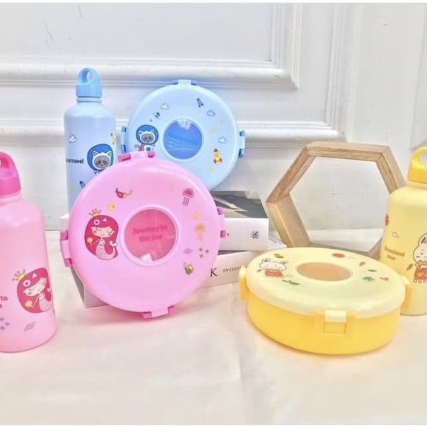 Kit Marmita Infantil Redonda Com Garrafinha + Garfo Embalagem Tipo Bolsinha Super Fofa