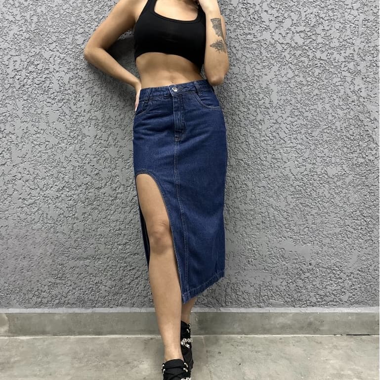 Saia Jeans Midi Feminina Longa Cintura Alta Design de fenda Divisão unilateral da coxa