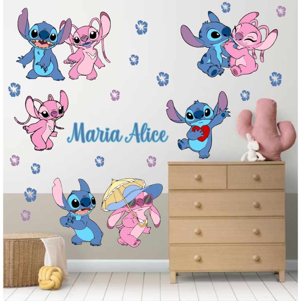 Adesivo Parede Stitch e Angel Personalizado Nome Infantil Quarto Decoração Namorados