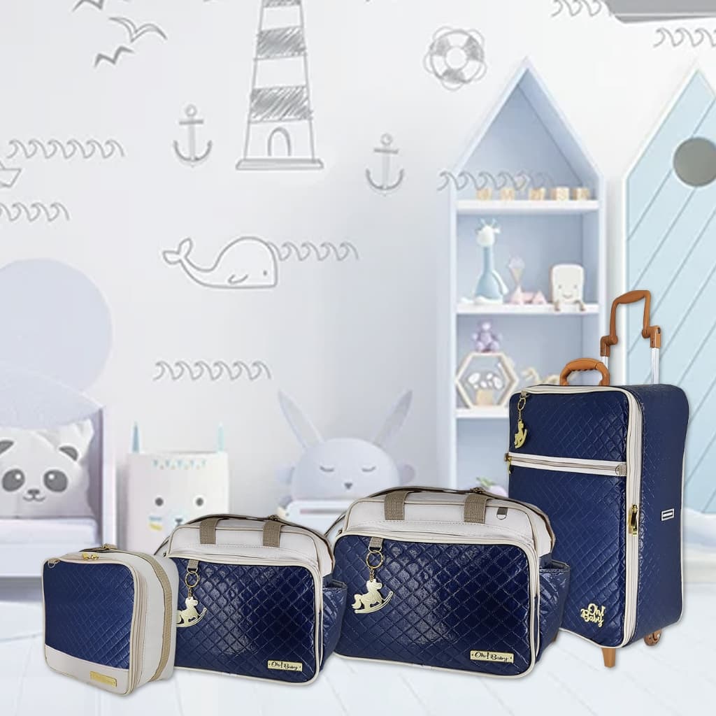 kit de bolsas de maternidade com mala de rodinha 4 pçs em um azul marinho com faixa bege listrada