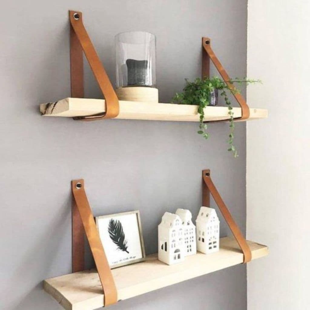 Kit 2 Prateleira Madeira Organizadora 15cm profundidade  Com Alça De Couro  Para Livros Cozinha Quarto Sala Banheiro