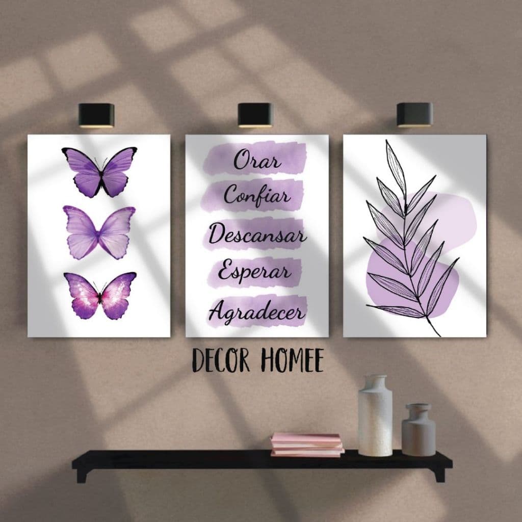Kit 3 Quadros Borboleta Orar confiar, decoração de quarto, sala, cozinha 20x28 MDF